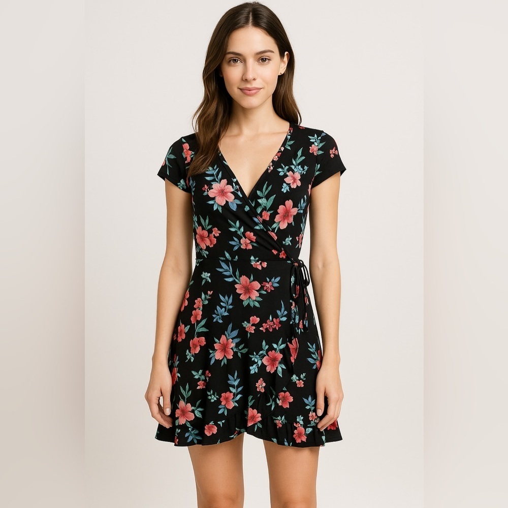 🌺 Hollister Floral Wrap Dress XS – Black Multi – Cute Fit & Flare